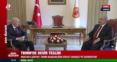 TBMM’de devir teslim töreni! Mustafa Şentop TBMM başkanlığını geçici olarak Bahçeli’ye devretti | Video