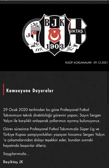 SON DAKİKA: Beşiktaş’ta Sergen Yalçın dönemi resmen bitti! Yeni teknik direktör kim olacak?