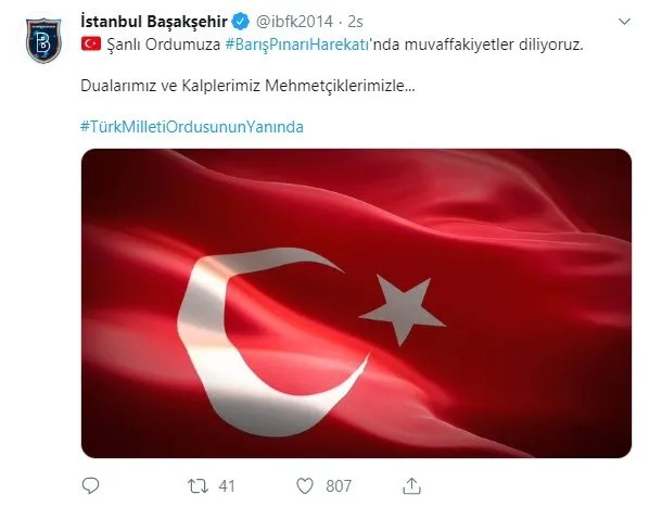 Futbol camiası, Barış Pınarı Harekatı için tek yürek oldu