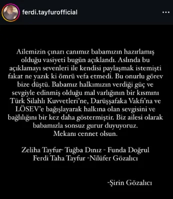 Ferdi Tayfur’un vasiyeti açıklandı! Kızı Tuğçe Tayfur zehir zemberek sözlerle isyan etti: Peşini bırakmayacağım