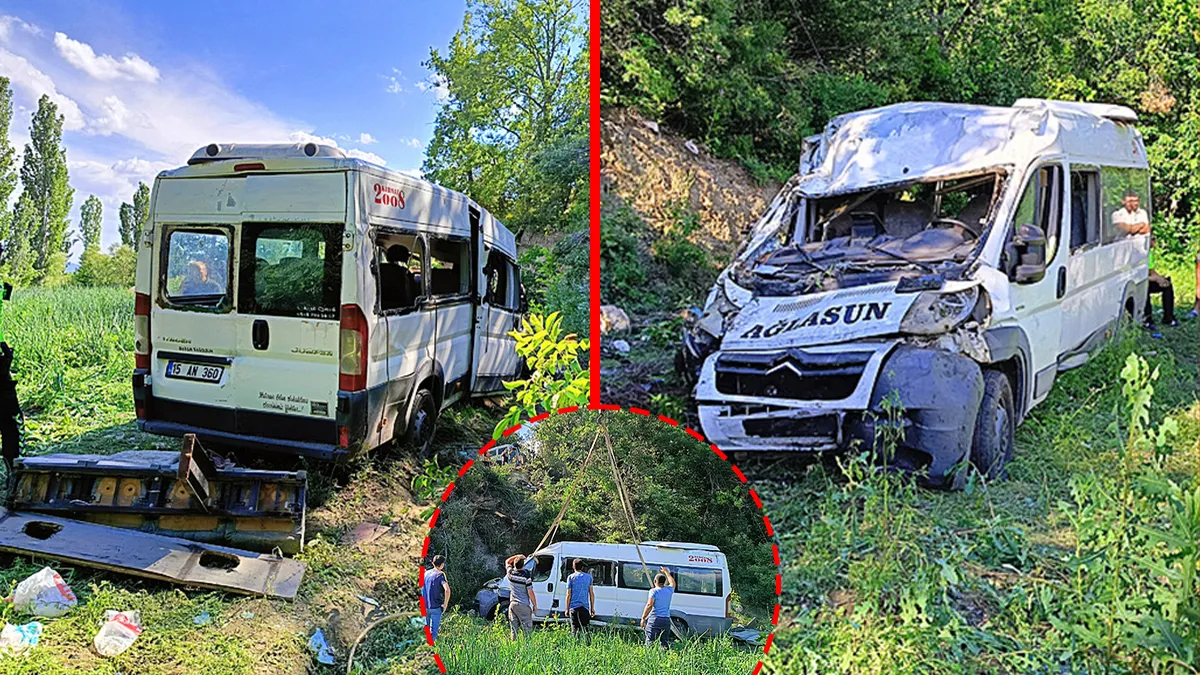 Burdur'da tarım işçilerini taşıyan minibüsün şarampole yuvarlandığı kaza yerinden genel görünüm.