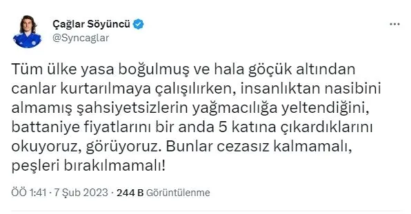 Leicester City forması giyen milli futbolcumuz Çağlar Söyüncü'den deprem fırsatçılarına ve yağmacılarına tepki!