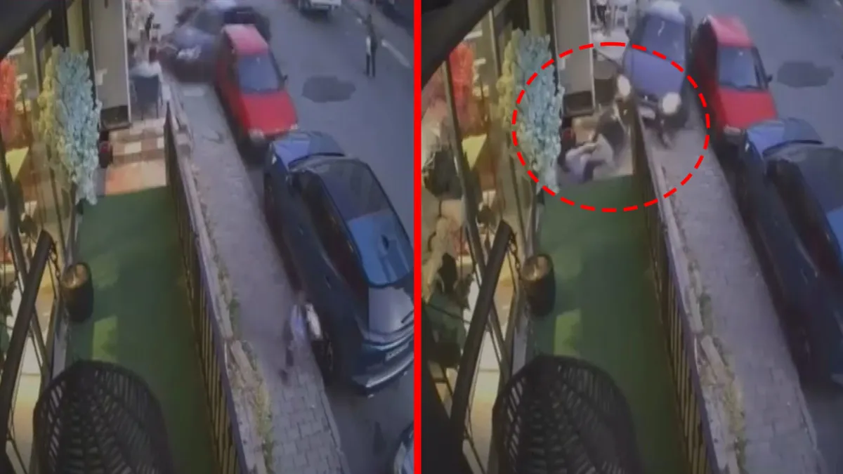 Arnavutköy'de kaza yapan otomobil, yol kenarındaki bebek arabasına çarptıktan sonra kaldırımdaki bir kişiye doğru yöneliyor.