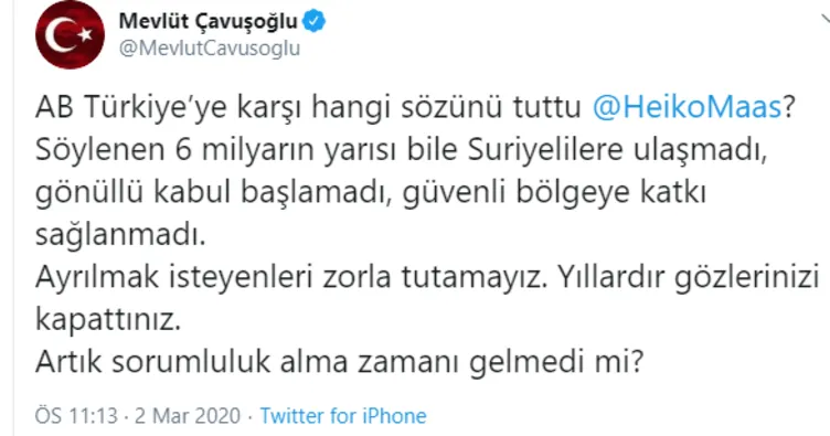 Dışişleri Bakanı Çavuşoğlu Alman mevkidaşına Twitter’dan cevap verdi:  Onlar şu an sınırlarında vicdansızca göçmenleri öldürüyorlar