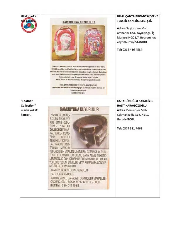 Sağlığa zararlı kimyasal içeren ürünler