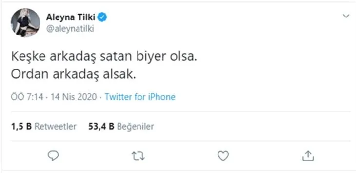 Aleyna Tilki, Twitter hesabından yaptığı paylaşımla dikkat çekti.