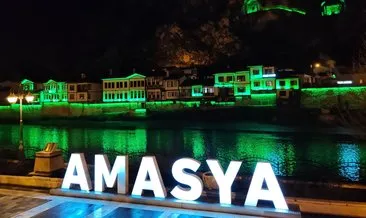 Amasya’nın sembolü tarihi yapılar, Yeşilay Haftası nedeniyle yeşile büründü
