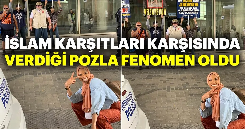 İslam karşıtı göstericiler önünde verdiği pozlarla fenomen oldu İslam karşıtı göstericiler önünde verdiği pozlarla fenomen oldu