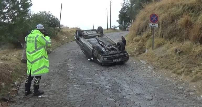 Freni tutmayan otomobil takla attı