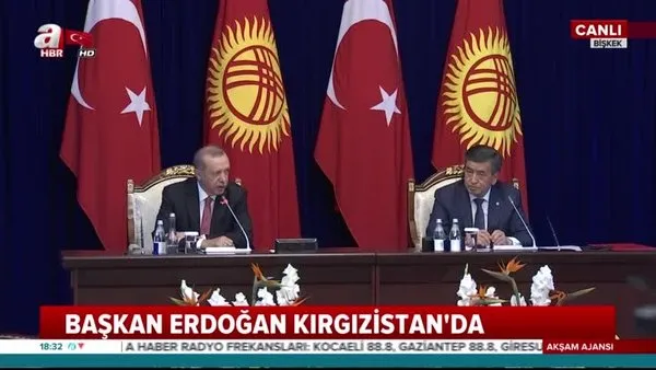 Başkan Erdoğan Kırgızistan ziyaretinde mevkidaşı Jeenbekov ile birlikte açıklamalarda bulundu.