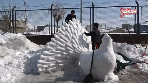 Yüksekova’da kardan ‘Tavus kuşu’ yaptılar | Video
