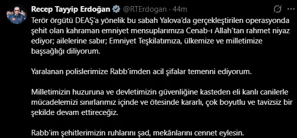 SON DAKİKA: Başkan Erdoğan’dan taziye mesajı! Yalova’daki DEAŞ operasyonunda 3 askerimiz şehit oldu!