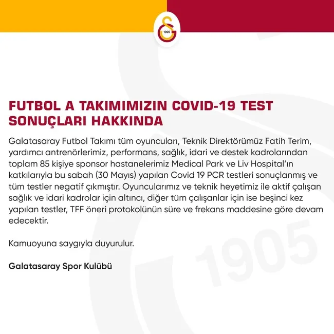 Galatasaray corona virüsü test sonuçlarını duyurdu - 1