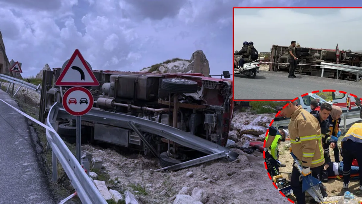 Nevşehir'de korkutan kaza! Kontrolden çıkan kamyon yol kenarına devrildi: 2 yaralı