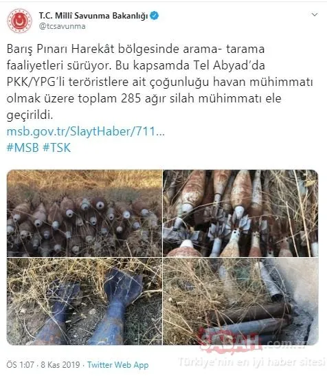 MSB duyurdu! Tel Abyad’da PKK/YPG’li teröristlere ait 285 ağır silah mühimmatı ele geçirildi
