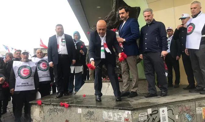 Hak-İş Kazancı yokuşuna karanfil bırakıp Taksim anıtına çelenk bıraktı
