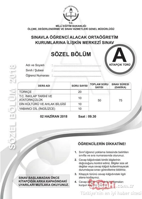 LGS çıkmış sorular 2018-2019 burada! Türkçe Matematik Fen Bilimleri ve Yabancı dil LGS sınav soruları ve cevapları!