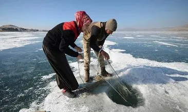 Kadın balıkçı, ekmeğini buzun altından çıkarıyor