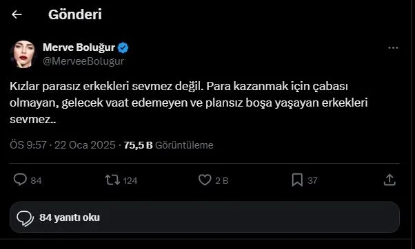 Merve Boluğur’dan olay olan parasız erkek paylaşımı! Kadınlar sevmez çünkü...