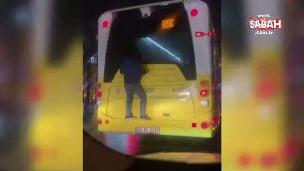 İETT otobüsünün arkasında tehlikeli 'örümcek adam' yolculuğu! | Video