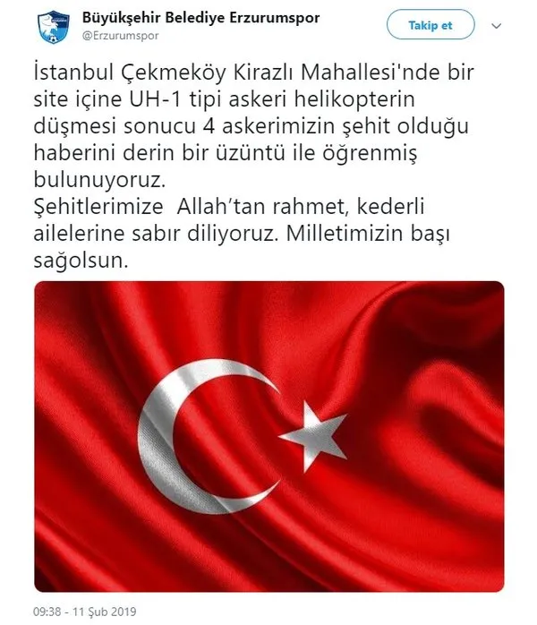 Futbol camiasından Çekmeköy'de şehit olan askerlerimiz için taziye mesajları
