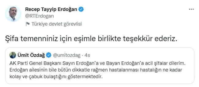 Siyasilerden gelen geçmiş olsun mesajlarına Başkan Erdoğan'dan teşekkür!