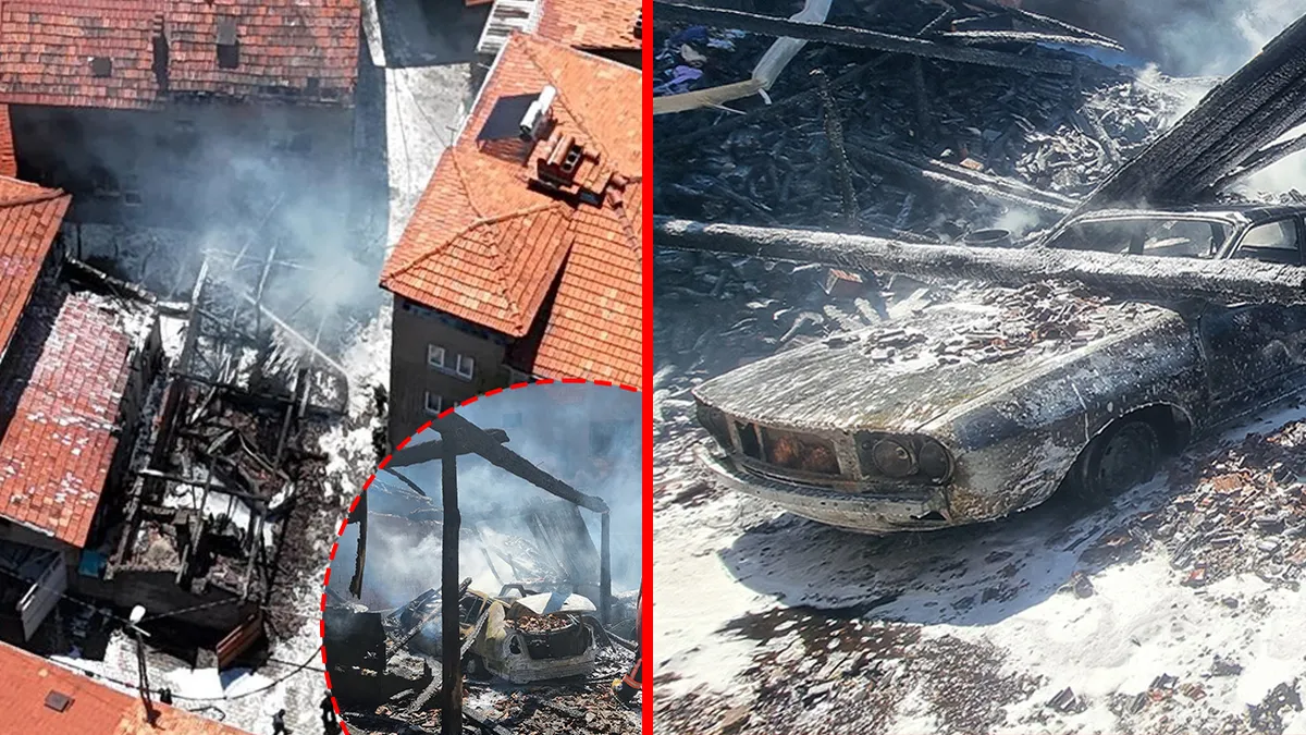 Kütahya'da çıkan ev ve araç yangınından genel bir görüntü.