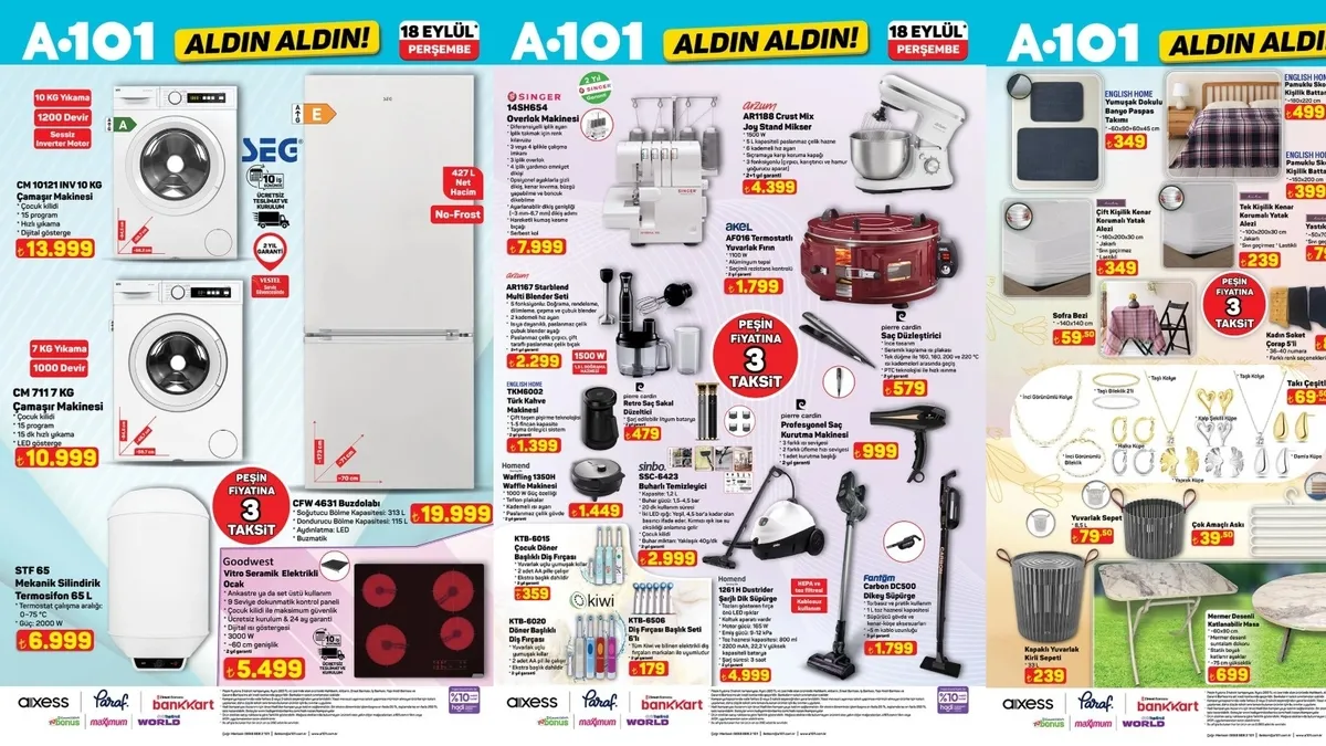 SEPETLERE İNDİRİM: A101 aktüel 18 Eylül fırsatları: Dikey süpürge,cep telefonu,çamaşır makinesi, blender seti...