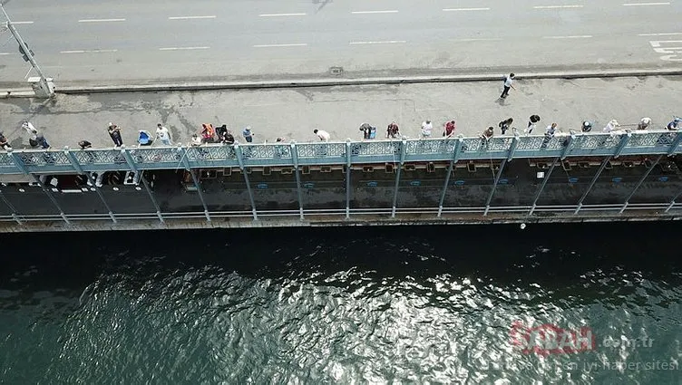 Galata Köprüsü’nde sosyal mesafeyi hiçe sayan balıkçılar drone ile görüntülendi