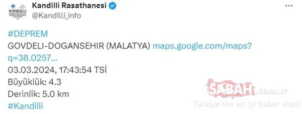 Malatya’da deprem meydana geldi! 3 Mart AFAD ve Kandilli Rasathanesi son depremler listesi verileri
