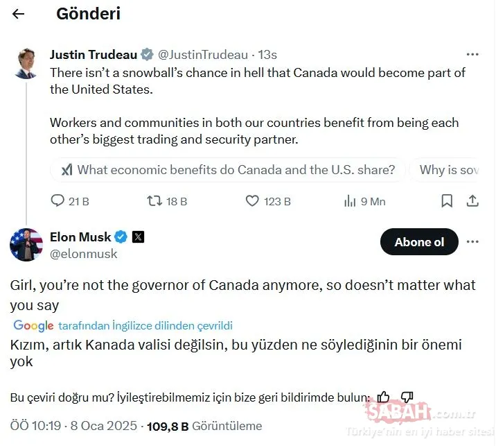 SON DAKİKA! Elon Musk’tan Justin Trudeau’ya olay ’Kanada’ yanıtı: Kızım, artık o değilsin!