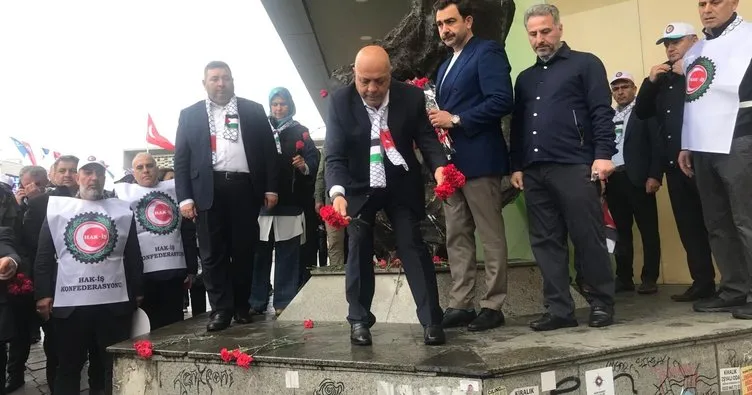 Hak-İş Kazancı yokuşuna karanfil bırakıp Taksim anıtına çelenk bıraktı