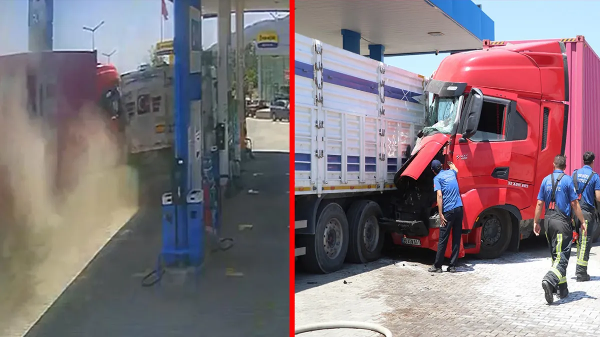 Denizli'nin Buldan ilçesinde arı sokması sonucu kontrolden çıkan tırın akaryakıt istasyonuna dalması anı.