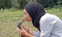Kobra yılanını öpücüklere boğdu!