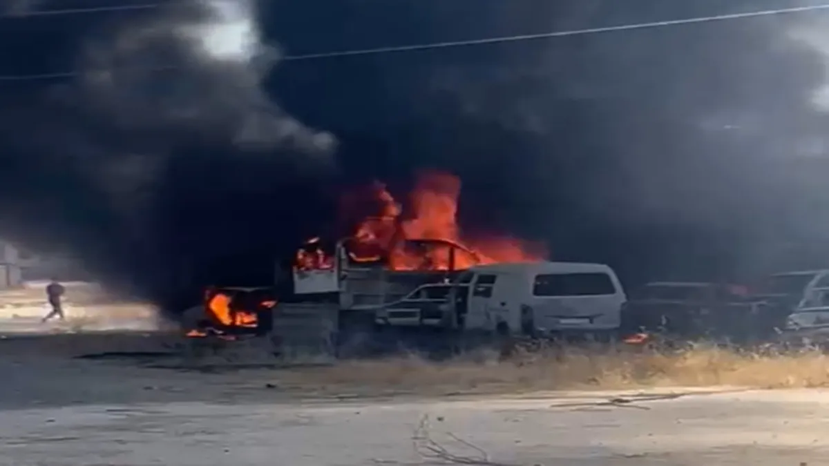 Şanlıurfa Suruç'ta otoparkta çıkan yangında alevler içinde kalan araçlar