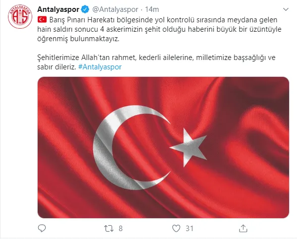 Süper Lig ekiplerinden Barış Pınarı Harekatı şehitleri için başsağlığı mesajları!