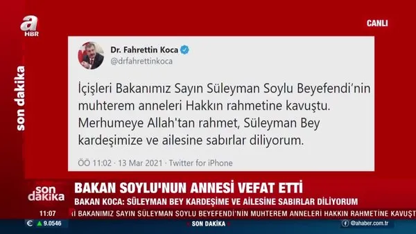 SON DAKİKA: İçişleri Bakanı Süleyman Soylu'nun annesi vefat etti | Video