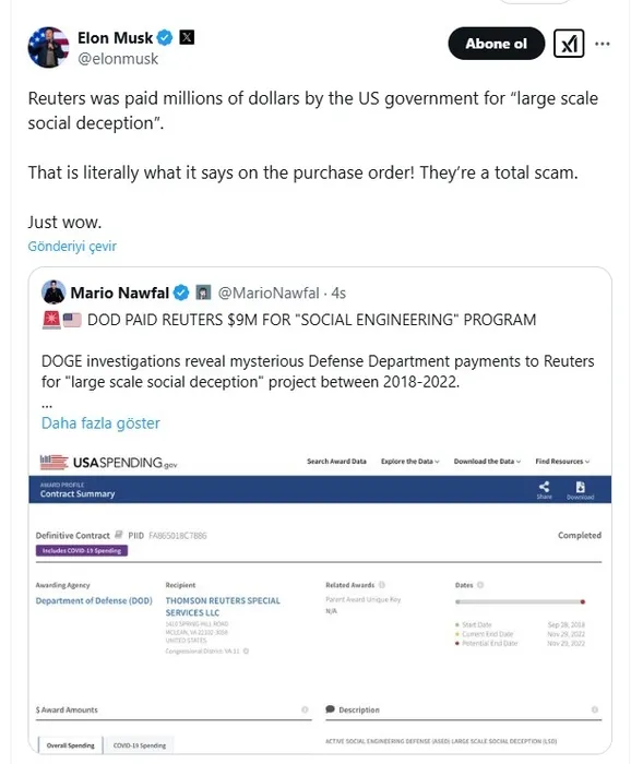 Elon Musk skandalı ifşa etti! ABD’nin Reuters rüşvet ağını duyurdu: Toplumları manipüle ettiler!