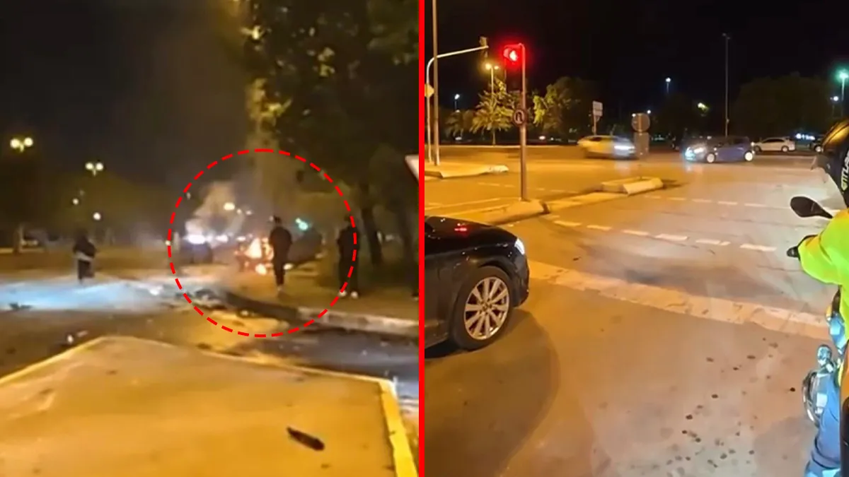 Maltepe Sahil Yolu'nda meydana gelen kazada alev alan otomobil.