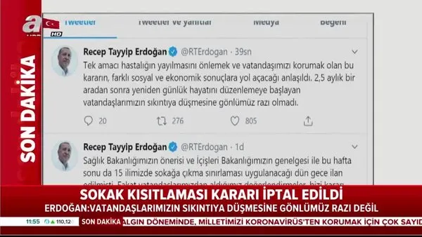 Cumhurbaşkanı Erdoğan, hafta sonu sokağa çıkma kısıtlamasının iptal edildiğini duyurdu | Video