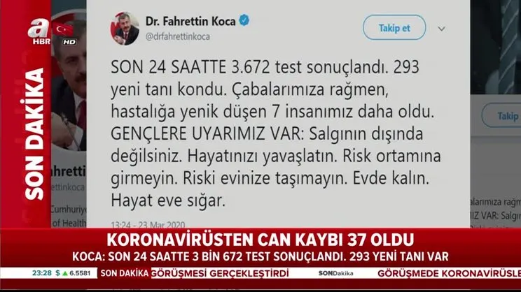 Bakan Koca son rakamları açıkladı. 7 kişi daha koronavirüsten hayatını kaybetti | Video