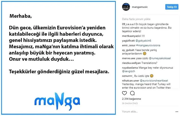 Türkiye 2018 Eurovision yarışmasına katılıyor Manga’dan Eurovision açıklaması