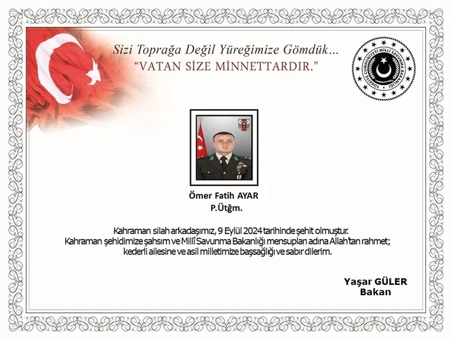 Piyade Üsteğmen Ömer Fatih Ayar şehit oldu